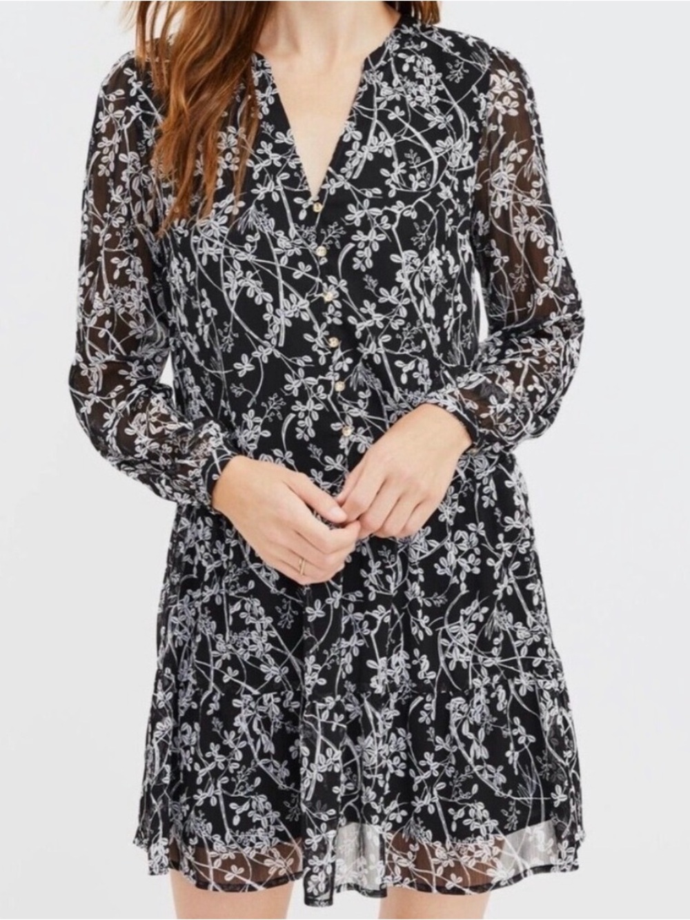 EUC LOFT Vine Drop Waist Shirtdress in Black & White w/Sheer Sleeves Size Small